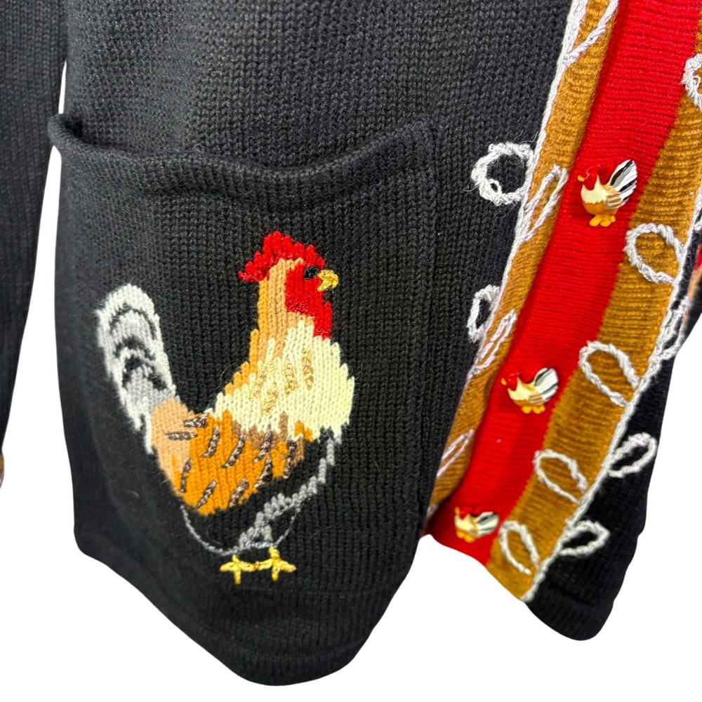 NWT Storybook Knits Rooster Cardigan Womens M Black Kitschy Novelty Sweater - Picture 6 of 9